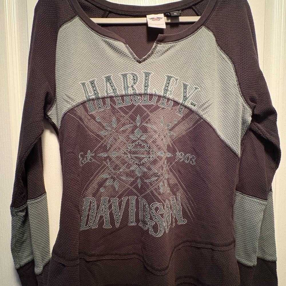 Harley-Davidson Black and Green Waffle knit Slim Cut Long Sleeve Tee